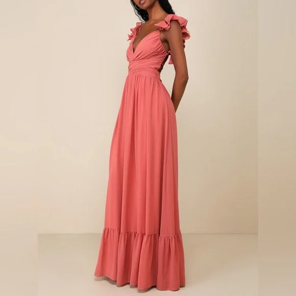 Lulu’s Large Soiree Celebration Rusty Rose Ruffled Lace-Up Maxi Dress - Picture 9 of 11